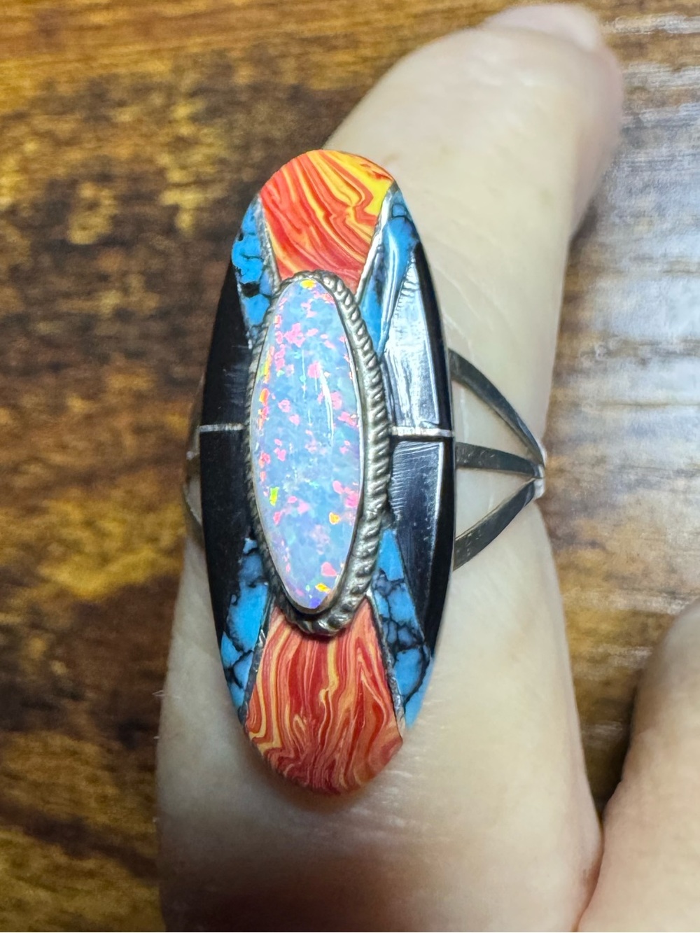 Fred Maloney Navajo Multi-stone Ring w/ Fire Opal Onyx Coral Turquoise sz 7.5